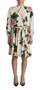 Dolce & Gabbana White Rose Print Long Sleeves A-line Dress -   -  Dolce & Gabbana.